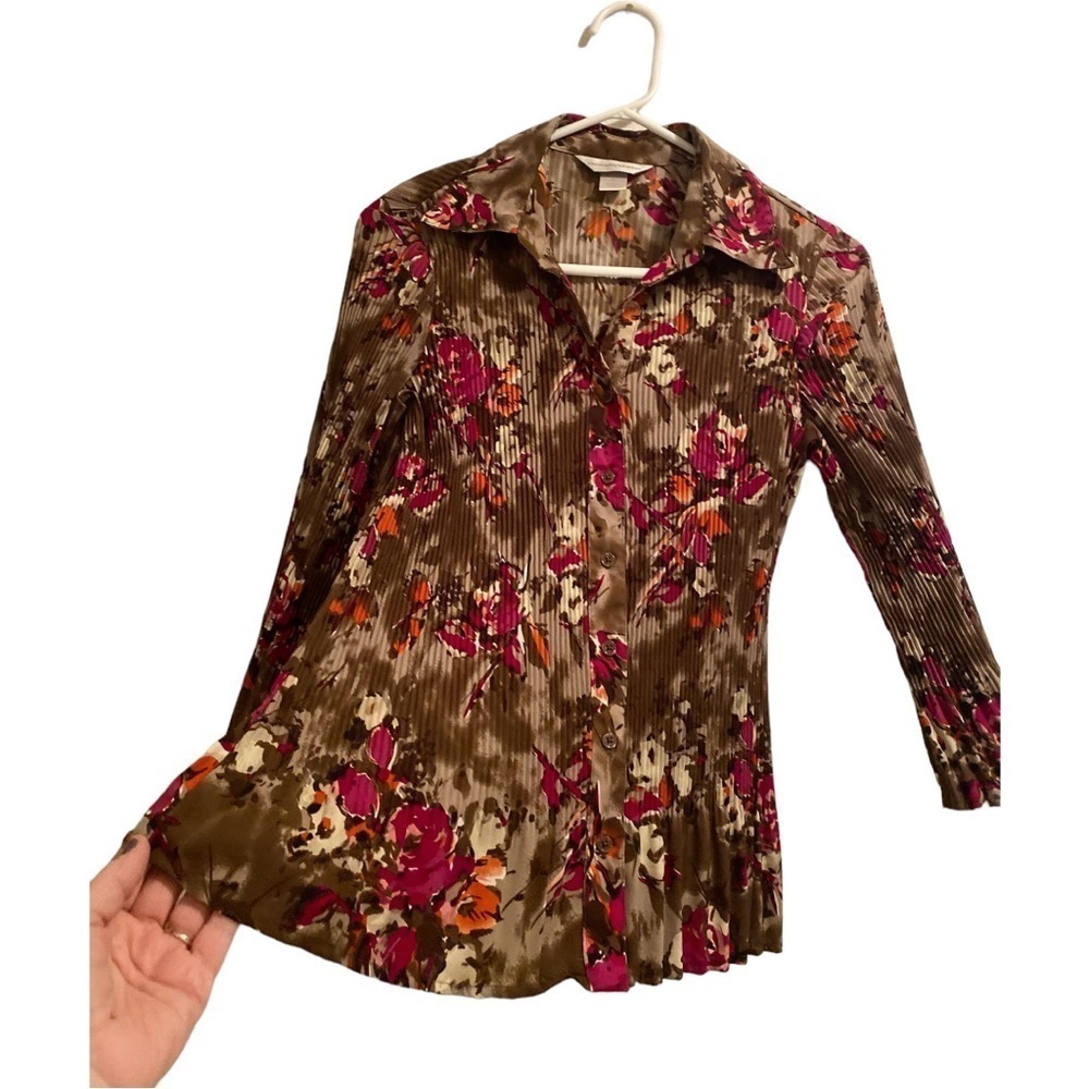 Christopher & Banks Floral Blouse Womens Small Taupe & Hot Pink Professional - Picture 9 of 12